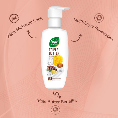 Nyle Naturals Triple Butter Body Lotion with Cocoa Butter, Mango Butter & Shea Butter for 24 Hours Long Lasting Moisturization - 400 ml