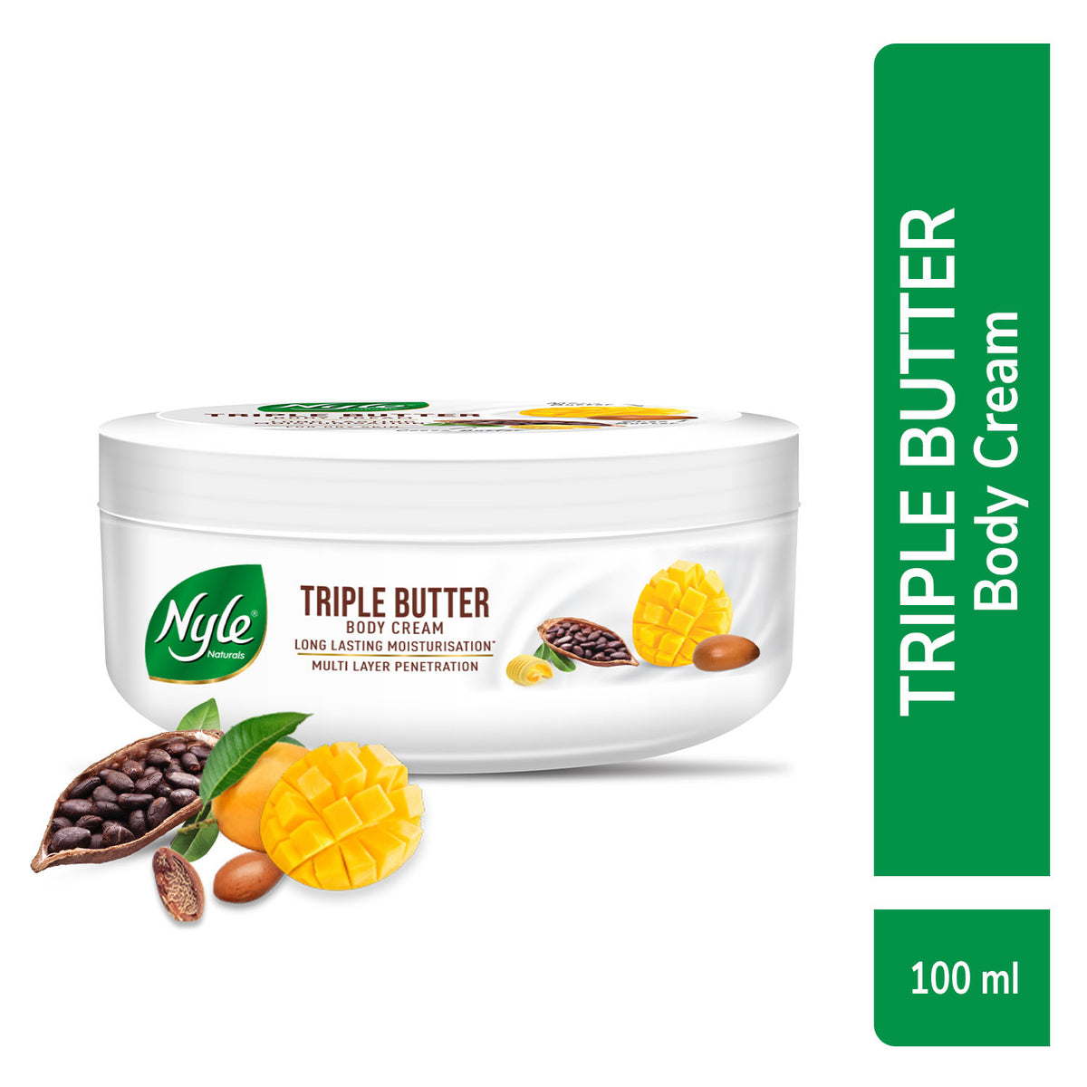 Nyle Naturals Triple Butter Body Cream with Cocoa Butter, Mango Butter & Shea Butter for 24 Hours Long Lasting Moisturization - 100 ml