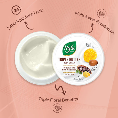 Nyle Naturals Triple Butter Body Cream with Cocoa Butter, Mango Butter & Shea Butter for 24 Hours Long Lasting Moisturization - 100 ml