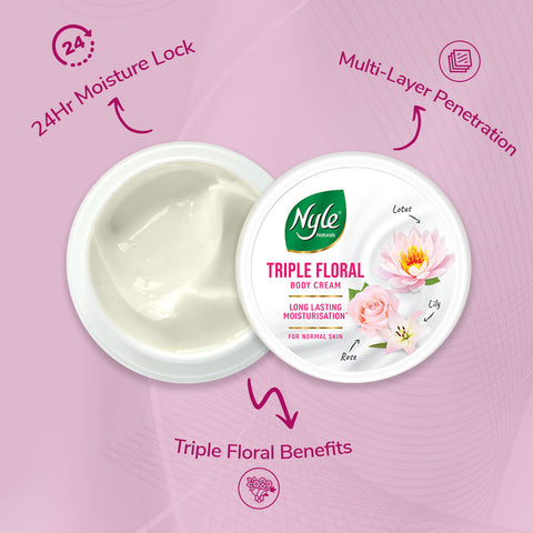 Nyle Naturals Triple Floral Body Cream with White Lily, White Rose & White Lotus for 24 Hours Long Lasting Moisturization - 100 ml