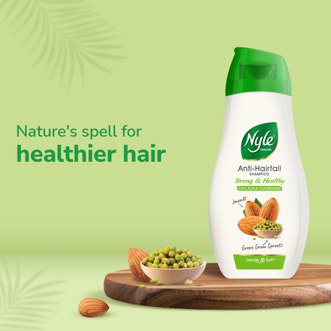 Nyle Naturals Strong & Healthy Anti Hairfall 2 In1 Shampoo With Active Conditioner, With Almonds And Green Gram Sprouts, Gentle and soft shampoo , PH balanced and Paraben free,90ml