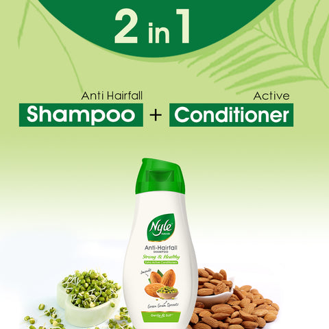 Nyle Naturals Strong & Healthy Anti Hairfall 2 In1 Shampoo With Active Conditioner, With Almonds And Green Gram Sprouts, Gentle and soft shampoo , PH balanced and Paraben free,90ml