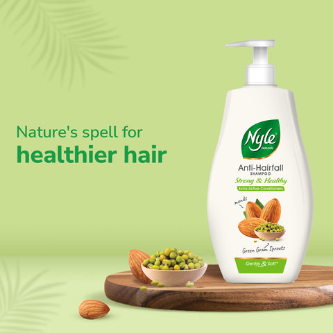 Nyle Naturals Strong & Healthy Anti Hairfall 2 In1 Shampoo With Active Conditioner, With Almonds And Green Gram Sprouts, Gentle and soft shampoo , PH balanced and Paraben free,400ml