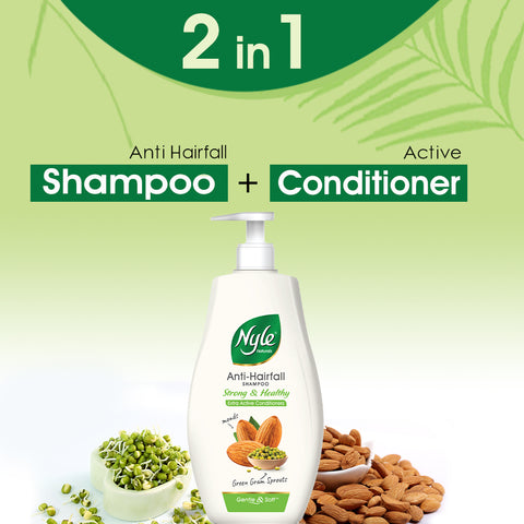 Nyle Naturals Strong & Healthy Anti Hairfall 2 In1 Shampoo With Active Conditioner, With Almonds And Green Gram Sprouts, Gentle and soft shampoo , PH balanced and Paraben free,1L